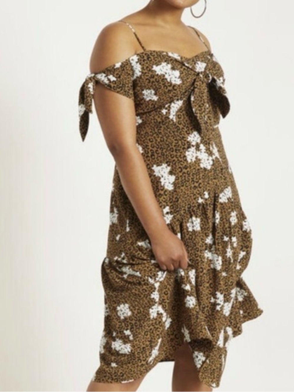 Eloquii Brown Cheetah Cold Shoulder Off Shoulder Floral print Midi Dress 22